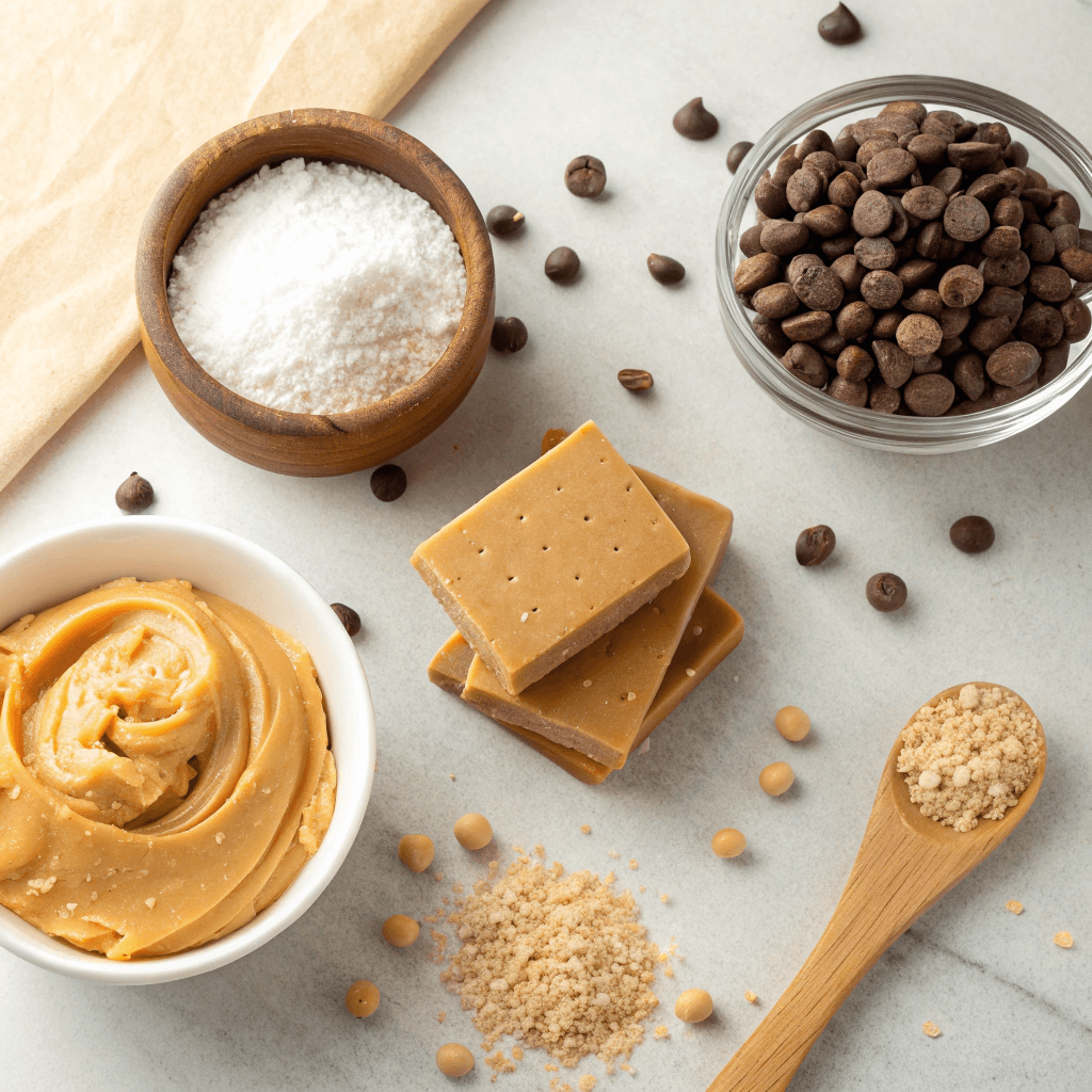 Easy Reese’s Peanut Butter No bake bar – Secret Graham Crust 7 Ingredients for Reese's peanut butter no bake bar including graham cracker crumbs, peanut butter, semi-sweet chocolate chips, and powdered sugar