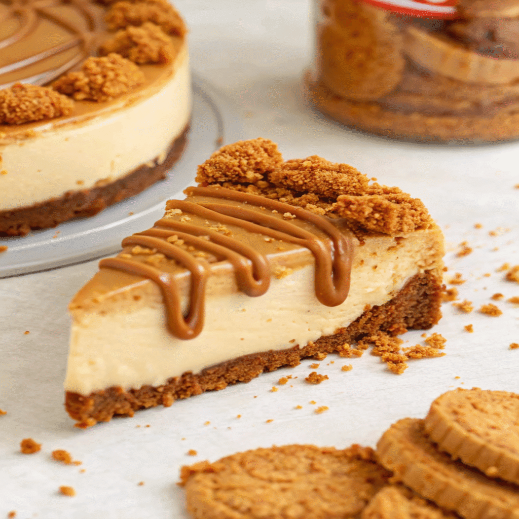 Easy Biscoff Cheesecake No Bake with Lotus Spread 4 Biscoff cheesecake no bake topped with cookie crumbs and drizzled with cookie butter