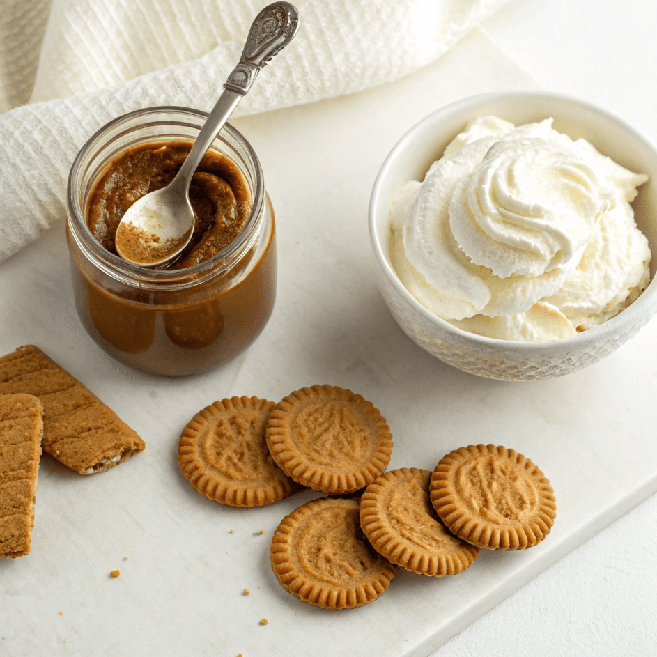 Easy Biscoff Cheesecake No Bake with Lotus Spread 5 Ingredients for biscoff cheesecake no bake including Lotus Biscoff cookies, Lotus Biscoff spread, and heavy whipping cream