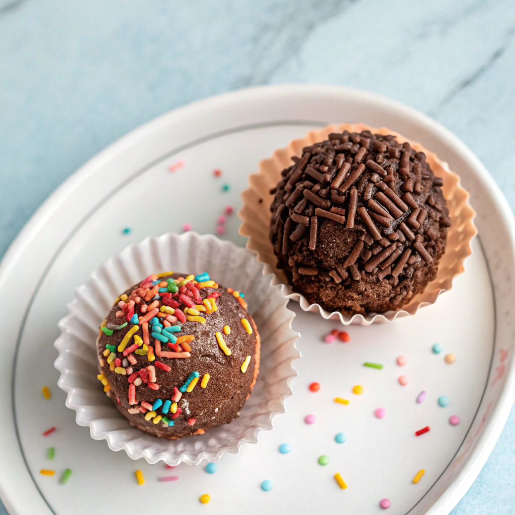 Brigadeiro vs Chocolate Truffle: The Surprising Differences You Need to Know 1 Delicious comparison of brigadeiro vs chocolate truffle featuring a colorful brigadeiro and a refined chocolate truffle.