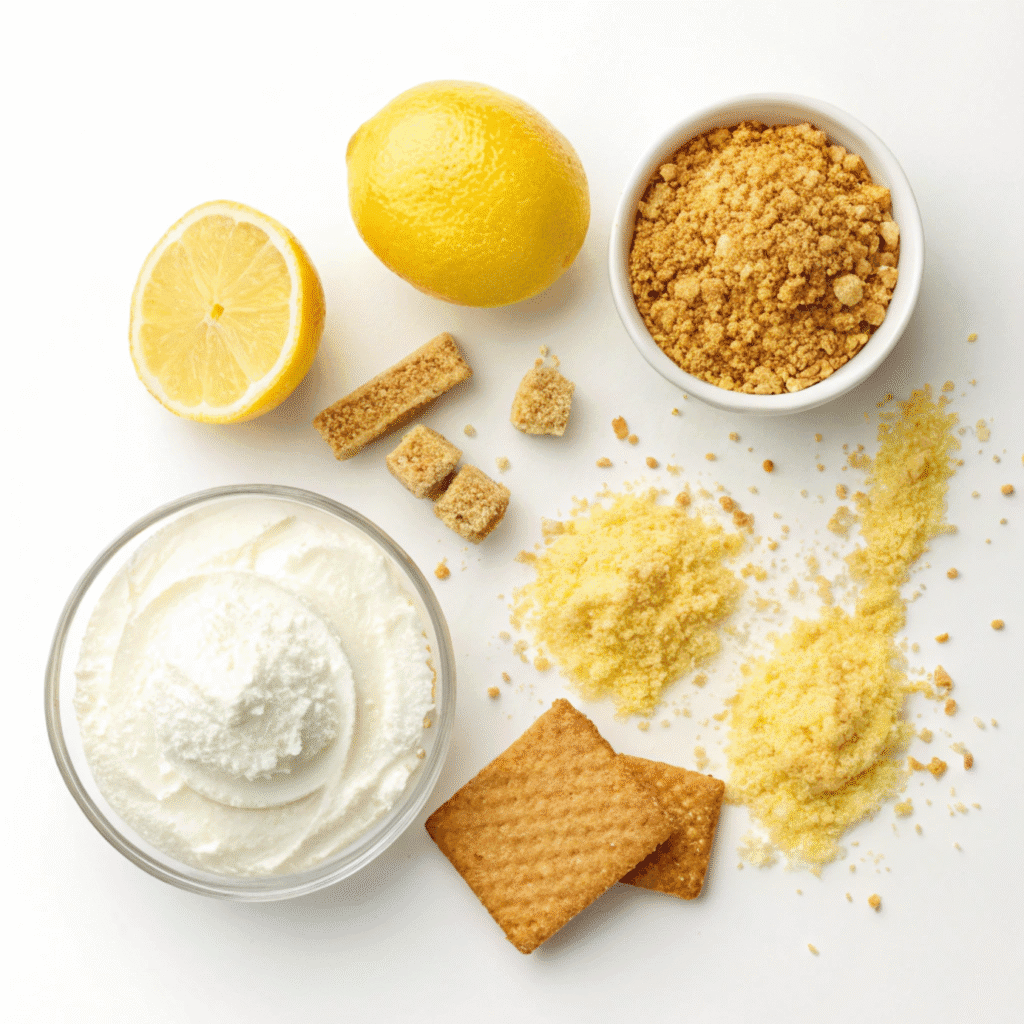 Best Citrus Cheesecake No Bake Recipe - Easy, Creamy Dessert 5 Ingredients for a citrus cheesecake no bake including lemon zest, graham cracker crumbs, heavy whipping cream, cream cheese, and powdered icing sugar.