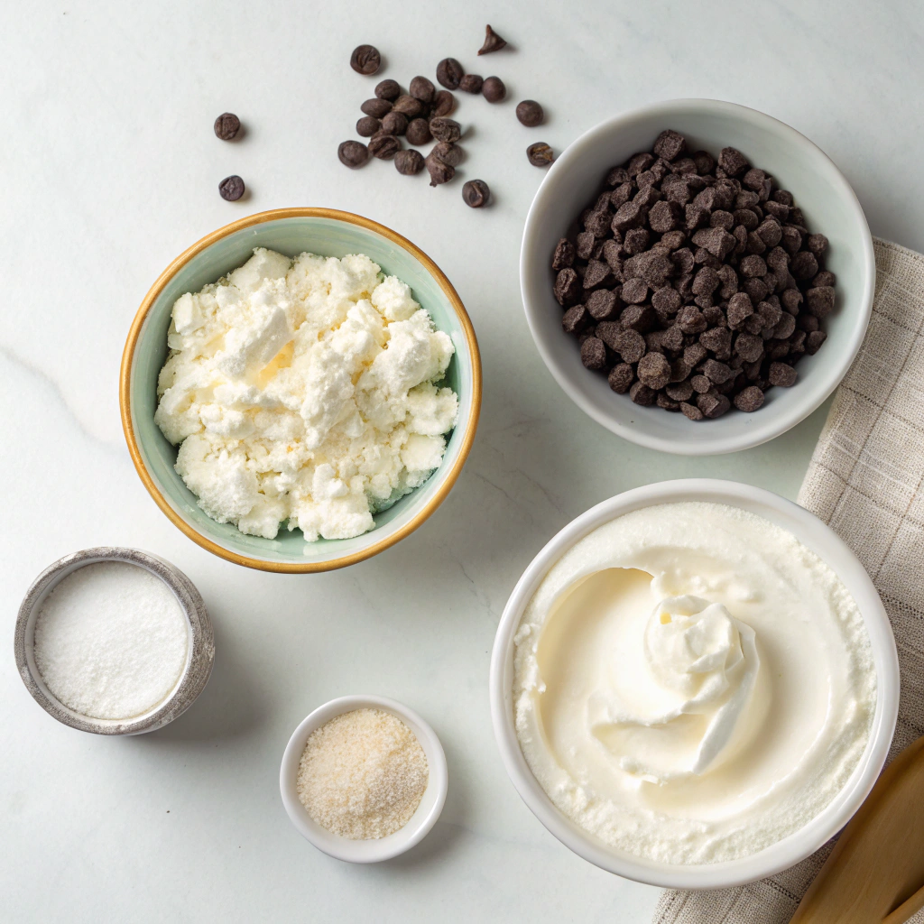 Easy Cottage Cheese Ice Cream Bars With Just 4-Ingredient 5 Ingredients for Cottage Cheese Ice Cream Bars including 4% cottage cheese, sugar-free sweetener, zero sugar whipped topping, and sugar-free dark chocolate chips