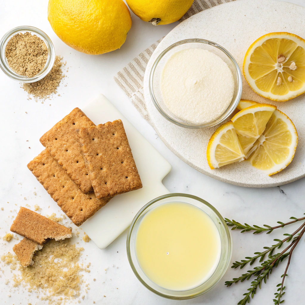Easy No Bake Lemon Bars Recipe No Eggs - Just 3-Ingredients 5 Ingredients for lemon bars recipe no eggs featuring graham crackers, lemon juice, and sweetened condensed milk