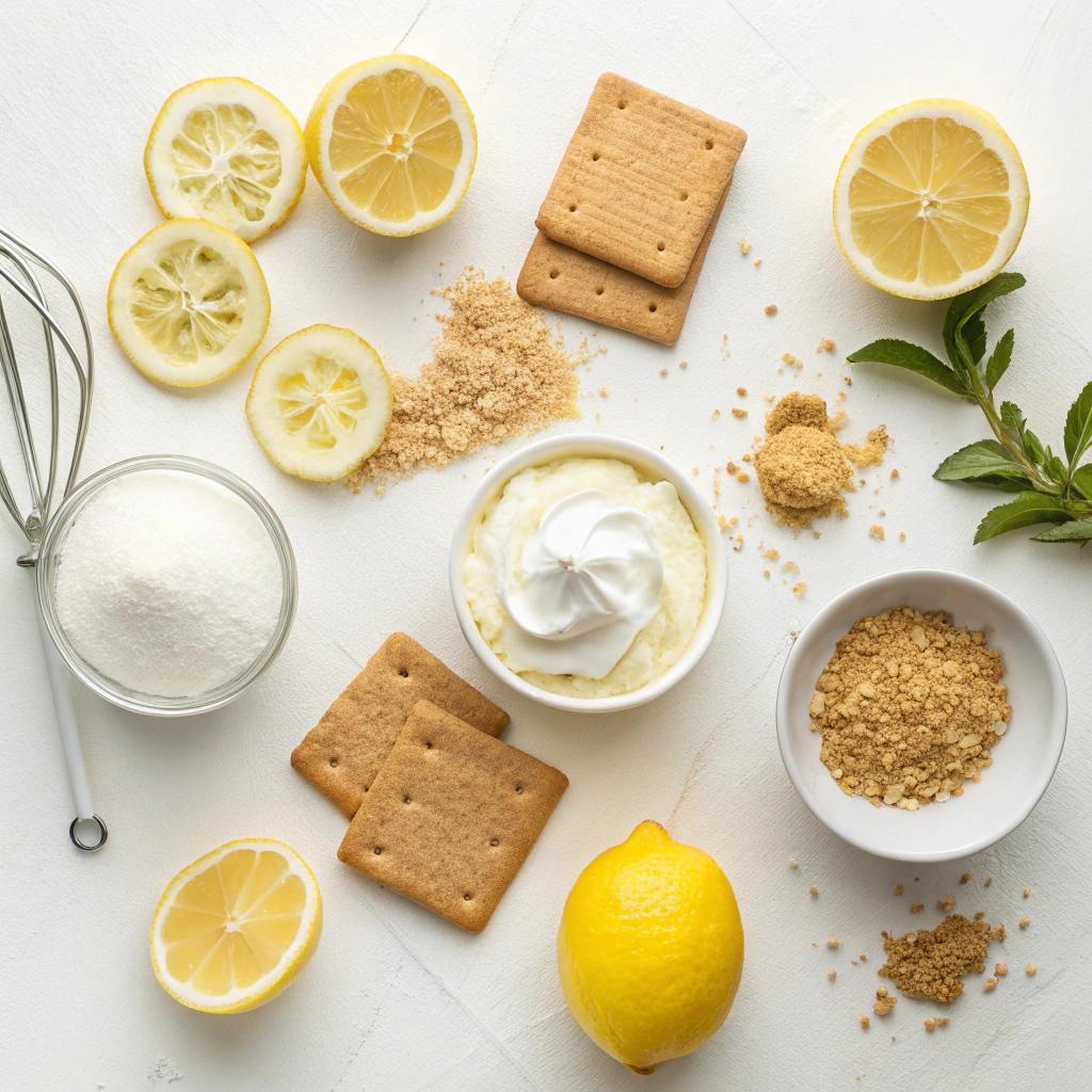 Best No Bake Lemon Cream Cheese Bars Recipe (Quick & Zesty) 5 Ingredients for lemon cream cheese bars recipe including lemon slices, cream cheese, graham cracker crumbs, whipped cream, and lemon zest.