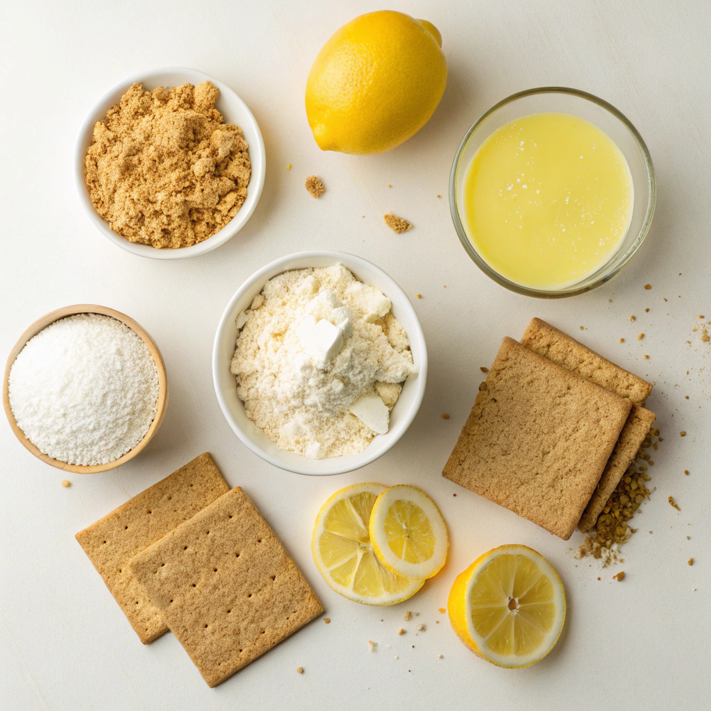 Easy No Bake Cheesecake Mini Desserts | Quick And Delightful 5 Ingredients for no bake cheesecake mini desserts including graham cracker crumbs, full-fat brick cream cheese, and fresh lemon juice