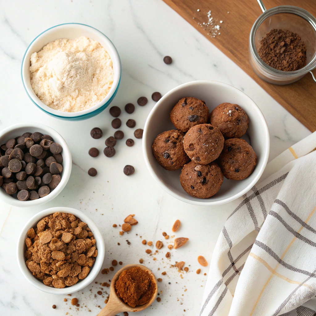 Healthy No-bake Cottage Cheese Brownie Batter Protein Bites 5 Ingredients for no-bake cottage cheese brownie batter protein bites featuring cottage cheese, unsweetened cocoa powder, sugar-free dark chocolate chips, and almond flour