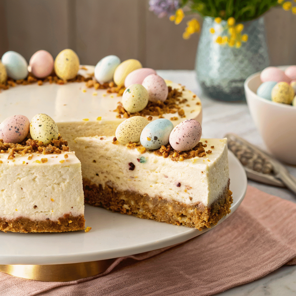 Best No-Bake Easter Cheesecake Everyone Will Rave About 4 No-bake Easter cheesecake topped with crushed candy eggs and coconut, perfect for your holiday celebrations