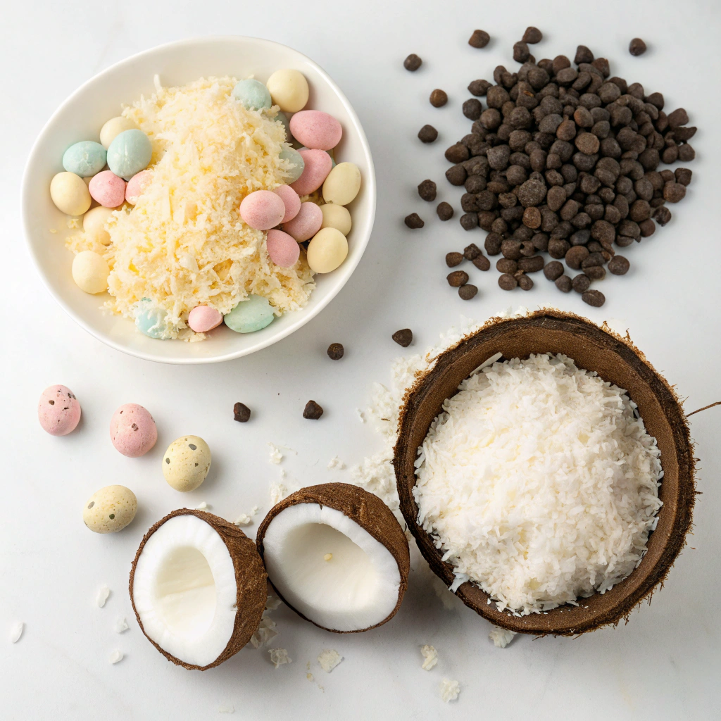 Best No-Bake Easter Cheesecake Everyone Will Rave About 5 Ingredients for no-bake easter cheesecake featuring sweetened shredded coconut, candy-coated chocolate eggs, milk chocolate chips, and coconut cream