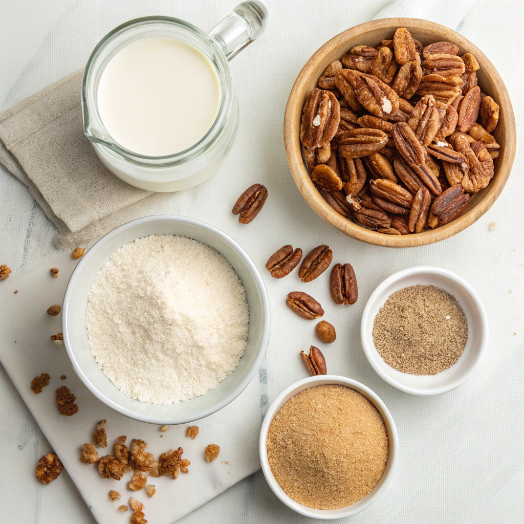 Easy No Bake Pecan Praline Cookies Recipe | Best Homemade Treat 5 Ingredients for no bake pecan praline cookies including granulated white sugar, light brown sugar, whole milk, and toasted pecans