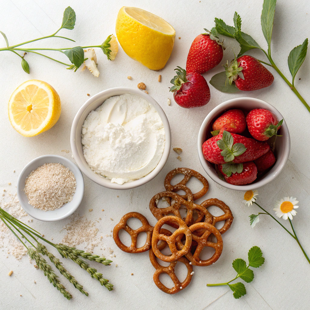 Easy No Bake Strawberry Cheesecake Bars with Pretzel Crust 5 Ingredients for No Bake Strawberry Cheesecake Bars including gluten-free salted pretzels, non-dairy cream cheese, confectioners sugar, fresh strawberries, and lemon zest.