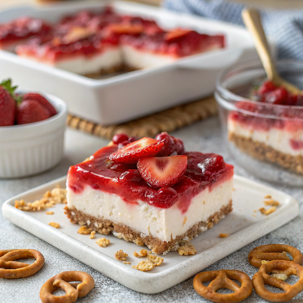 Easy No Bake Strawberry Cheesecake Bars with Pretzel Crust 4 Delicious No Bake Strawberry Cheesecake Bars on a white plate