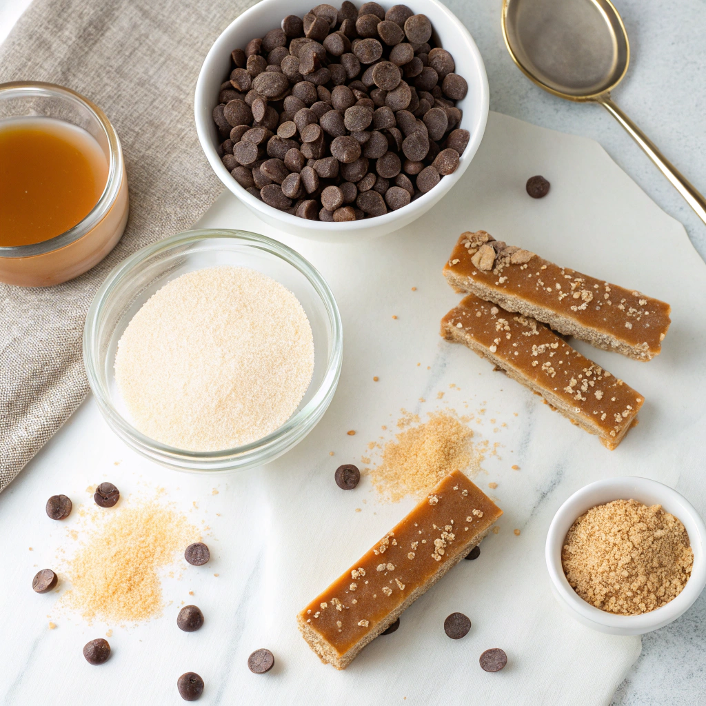 Homemade No Bake Twix Bars: Stunning Caramel Dessert 5 Ingredients for no bake Twix bars including granulated sugar, light brown sugar, chocolate chips, and sweetened condensed milk