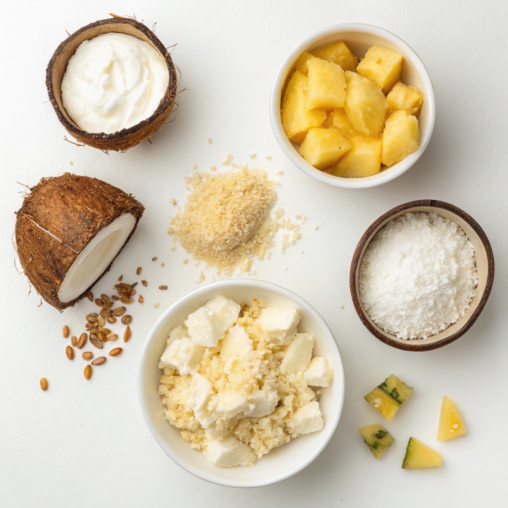 Best Pineapple and Coconut Ice Cream - Easy Homemade Recipe 5 Ingredients for pineapple and coconut ice cream including cream of coconut, toasted flaked coconut, and pineapple bits