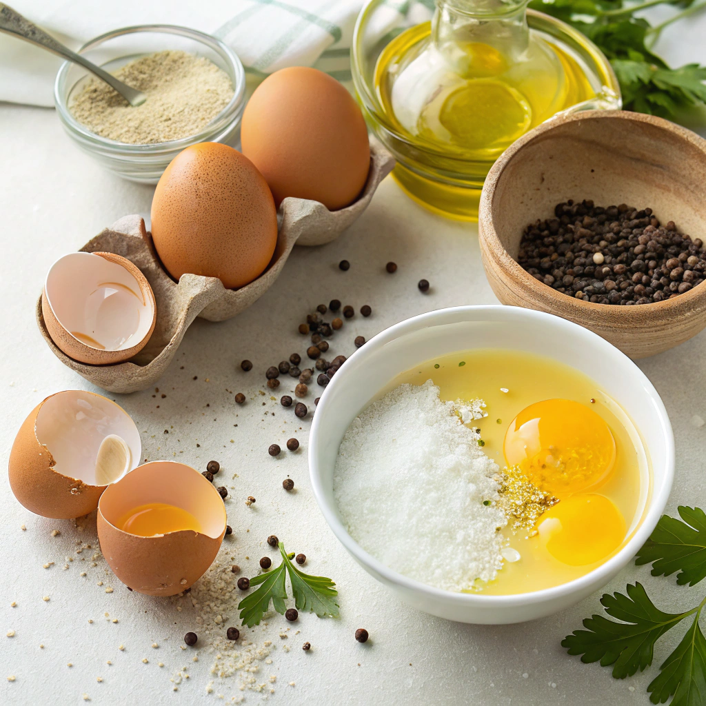 Scrambled Eggs Without Butter - Easy, Healthy, and Done in 5 Minutes 5 Ingredients for scrambled eggs without butter including eggs, extra-virgin olive oil, kosher salt, and freshly ground black pepper