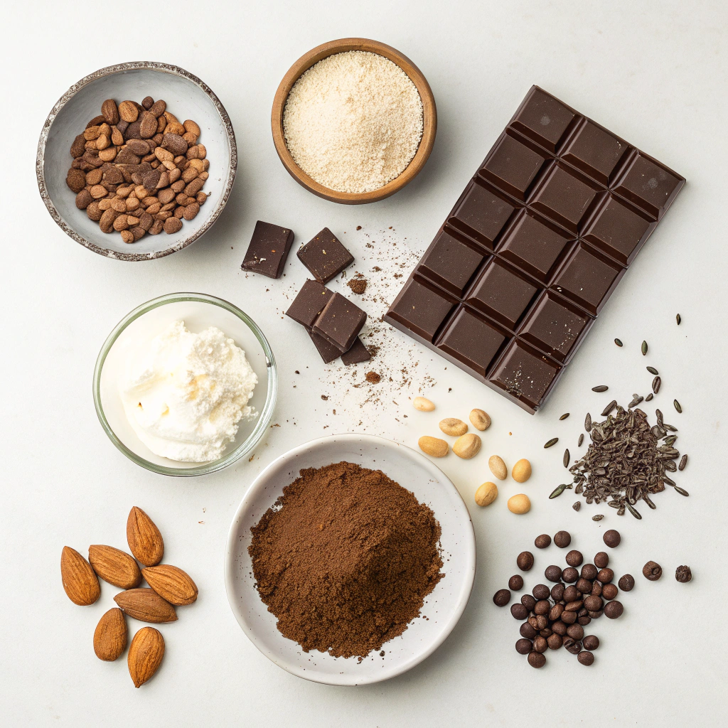 Luxurious Homemade Truffle Chocolates: Simple 5-Ingredient Recipe 5 Ingredients for truffle chocolates including semi-sweet chocolate bars, heavy cream, unsweetened cocoa powder, crushed nuts, and sprinkles