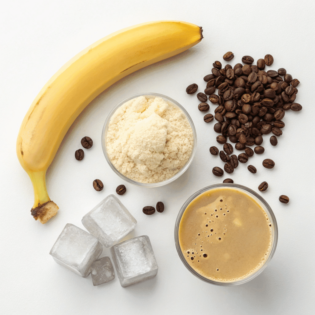Protein And Coffee Shake Recipe: Quick, High-Protein Morning Fix 5 Ingredients for a protein and coffee shake including ripe banana, vanilla protein powder, cacao nibs, brewed coffee, and ice cubes