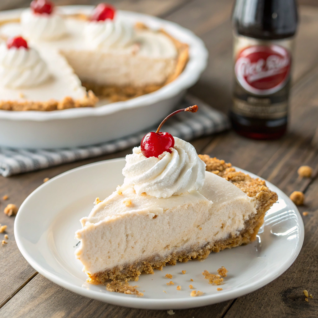 Easy No Bake Cream Soda Float Pie - Delicious And Frothy 3 Delicious slice of no bake cream soda float pie with whipped topping and cherry on a white plate