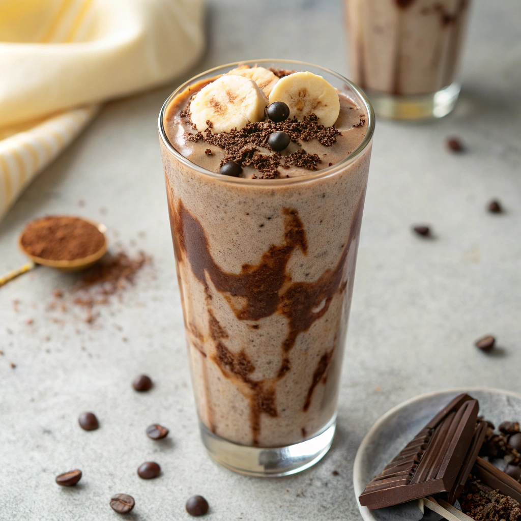 Protein And Coffee Shake Recipe: Quick, High-Protein Morning Fix 4 Creamy protein and coffee shake with banana and cacao nibs in a clear glass